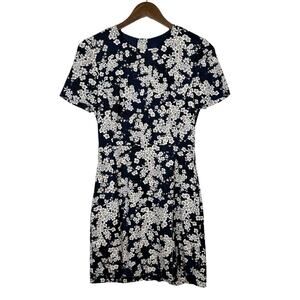 French Connection Sz 2 Navy Blue White Floral Back Zip Sheath Dress with Pockets